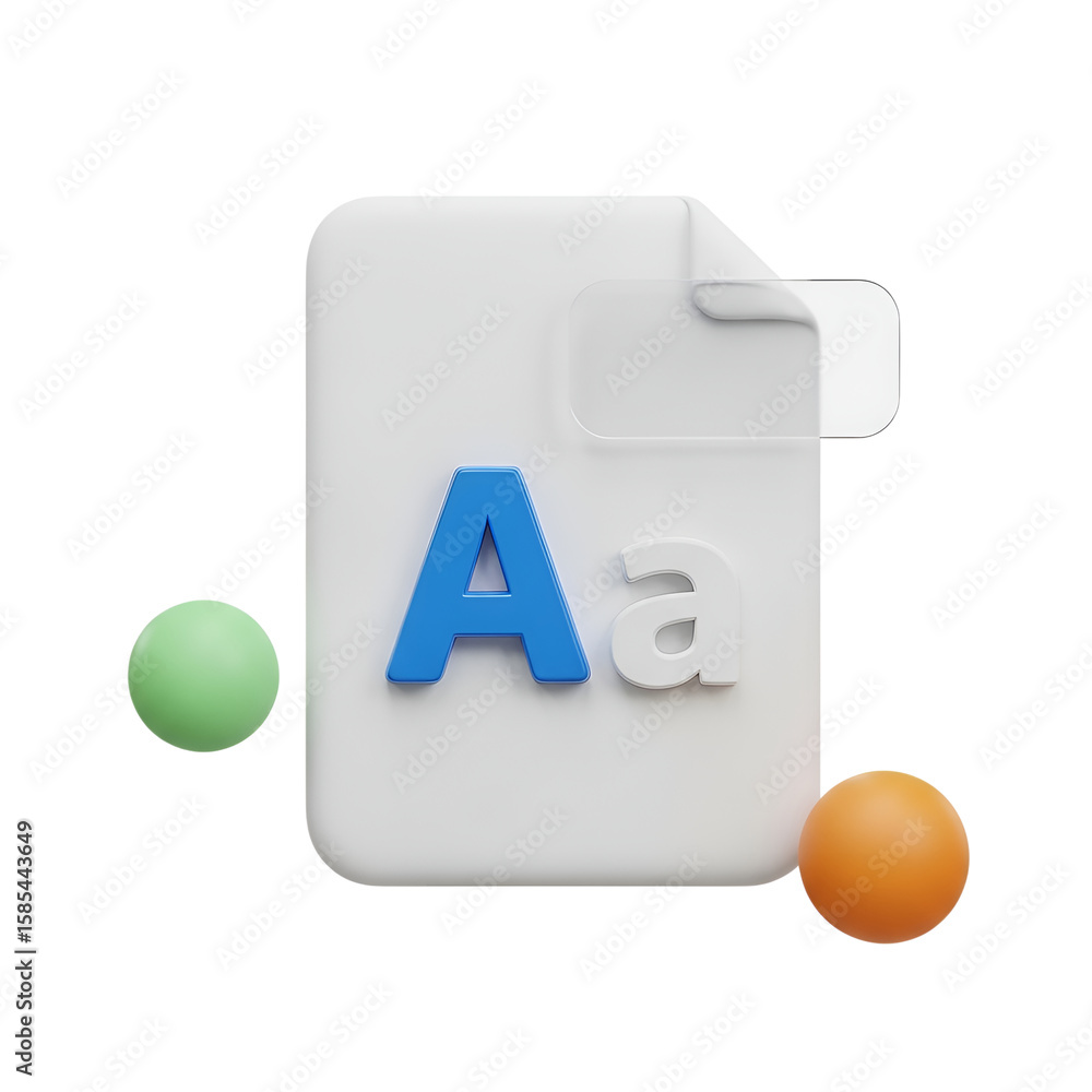 Poster 3d icon of a white font file with colorful spheres isolated on transparent background