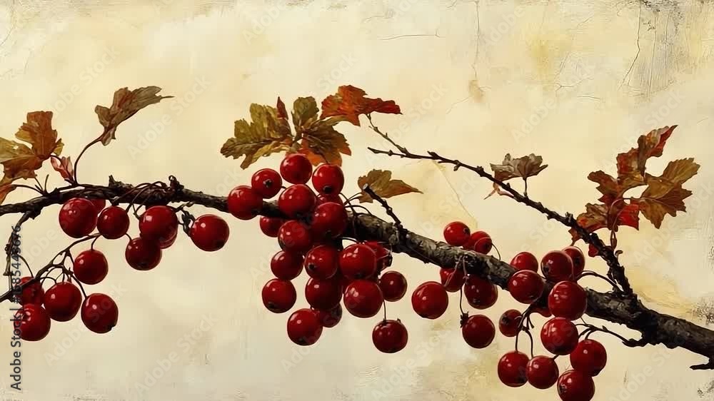 Poster branch with red berries hanging from it. the branch is thin and the berries are clustered together
