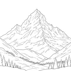 Outlined Mountain A detailed drawing of a rocky mountain range in black and white