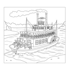 Riverboat Cruise A detailed illustration of a steam-powered riverboat cruising on a river