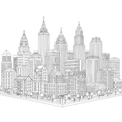 Naklejka premium Skyline sketch displays high-rise towers, buildings, windows, roofs and intricate details
