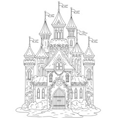 Obraz premium Intricate line art of a fairytale castle with detailed towers and flags flying atop them