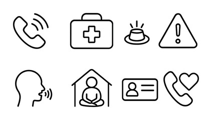 Crisis Intervention Icons. Outline icon set of crisis intervention: emergency phone, first aid kit, help