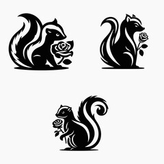 A Skunk with rose. Rose Valentine Clipart Line Art Vector Illustration Love Heart Romance. Critter holding flower cute mammal having botanical bloom aroma gift.