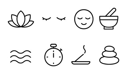 Mindfulness Icon Set. Outline icon set of mindfulness and meditation: lotus flower, closed eyes, calm face,