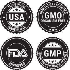 U S A G M O F D A G M P certification seals stamp badge, certification, seal, stamp, badge, emblem, mark, logo, usa, made in usa, united states, america, gmo, genetically modified, organism free, fda,