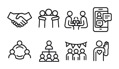 Social Connection Icons. Outline icon set of social connection and community: handshake, group hug, coffee