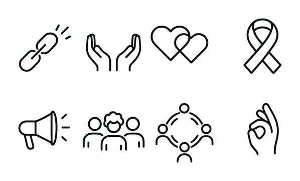 Stigma Reduction Icons. Outline icon set of stigma reduction: broken chain, open hands, heart connection,