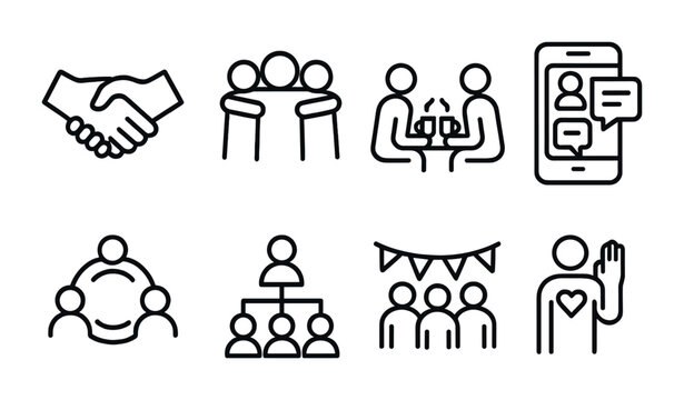 Social Connection Icons. Outline icon set of social connection and community: handshake, group hug, coffee