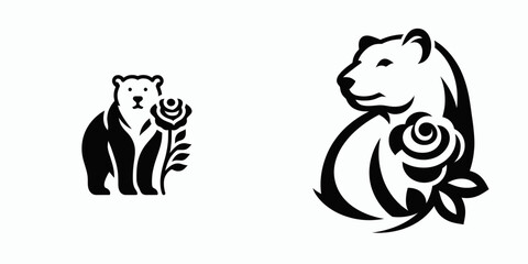 A Polar Bear with rose. Rose Valentine Clipart Line Art Vector Illustration Love Heart Romance. Large white animal holding floral bloom wildlife picture concept.