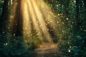 Obraz premium The scene depicts a fantastical forest with a blue-green hue, shrouded in fog, reminiscent of a fairytale, complete with fireflies in a circular pattern and a bokeh background, achieved through a