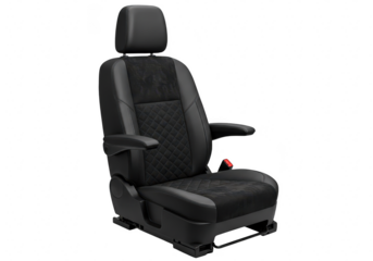 A black leather and fabric car seat with adjustable features and headrest, isolated on transparent background