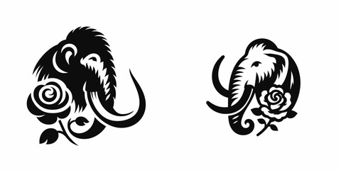 Obraz premium A Mammoth with rose. Rose Valentine Clipart Line Art Vector Illustration Love Heart Romance. Jumbo hairy elephant holding bloom large extinct creature flora.