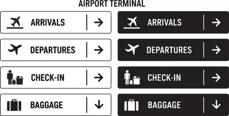 Obraz premium Airport terminal signs with icons arrivals departures, airport, terminal, signs, arrivals, departures, check in, baggage, airplane, person, suitcase, direction, arrow, white, black, graphic, informati
