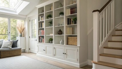 Elegant & Bright Interior Corner with White Built-in Bookcase, Cozy Armchair, and Modern Decor