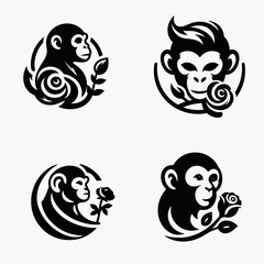 Obraz premium A Monkey with rose. Rose Valentine Clipart Line Art Vector Illustration Love Heart Romance. Primate holding bloom ape carrying wildflower fauna floral gift.