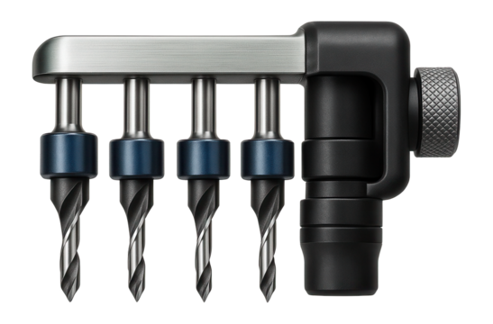 Countersink bit set with adjustable depth stop for creating smooth screw holes in woodworking.