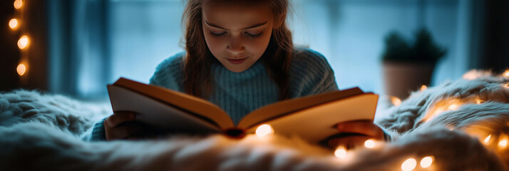 Child reading a book in cozy bedroom lighting, banner for blog or website, 3:1 header image with warm tones and copy space on right for digital content