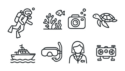 Sea Creatures Interaction Icons. Outline icon set of sea creatures’ interaction with the human world: scuba