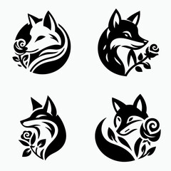 Fototapeta premium A Fox with rose. Rose Valentine Clipart Line Art Vector Illustration Love Heart Romance. Wild canine holding bloom zoological picture flower.