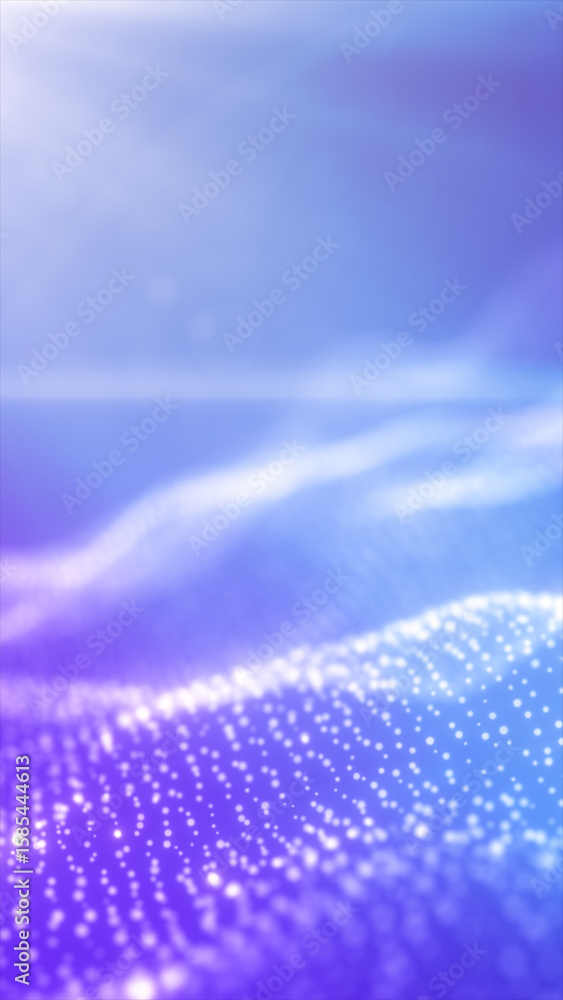 Poster abstract landscape made of shimmering digital particles on a soft purple and blue gradient backgroun
