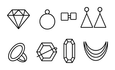 Geometric Jewelry Icons. Outline icon set of geometric jewelry shapes: faceted gem, circular pendant, square