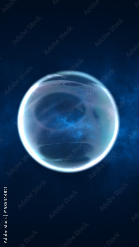 Poster glowing translucent blue sphere floating in deep dark space with ethereal lighting and smoke-like te