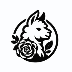 Fototapeta premium A Alpaca with rose. Rose Valentine Clipart Line Art Vector Illustration Love Heart Romance. Fluffy llama holding blossom sweet pet flower decoration.