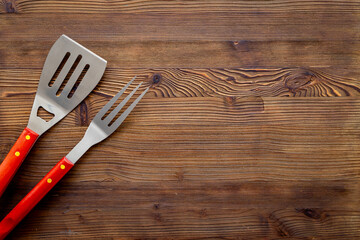 Steel barbecue and grill tools, top view. Equipment for picnic