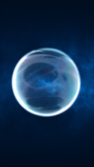Glowing translucent blue sphere floating in deep dark space with ethereal lighting and smoke-like textures around it