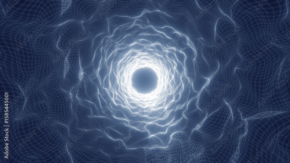 Poster soft glowing abstract mesh tunnel with fluid white lines creating a sense of depth, motion, and digi