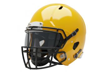 A bright yellow football helmet with a black facemask and visor isolated on a transparent background