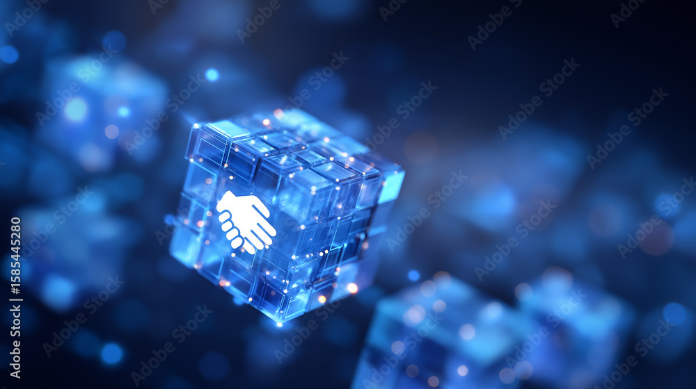 Poster professional 3d network of connected cubes with handshake icon