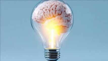 An idea or concept represented by a glowing light bulb with a human brain inside. - Powered by Adobe