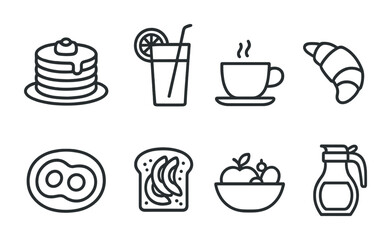 Weekend Brunch Icons. Outline icon set of weekend brunch: pancakes, orange juice, coffee, croissant, eggs,