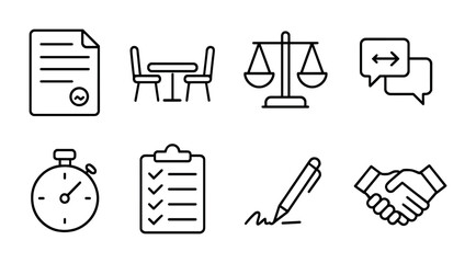 Negotiation Tools Icons. Outline icon set of negotiation tools: contract, negotiation table, balance scale,