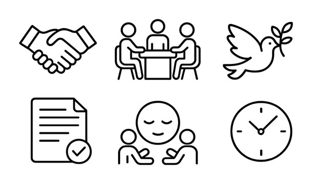 Workplace Conflict Icons. Outline icon set of conflict resolution in the workplace: handshake, mediation table