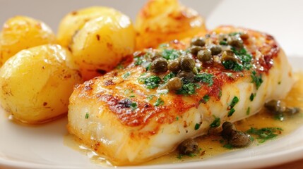 Pan-fried white fish steak with caper sauce and baby potatoes,