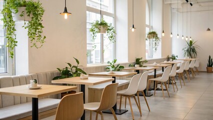 Bright Minimalist Cafe Interior with Modern Dining Chairs and Natural Light from Large Windows