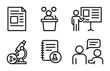 Scientific Communication Icons. Outline icon set of scientific publication and communication: research paper,