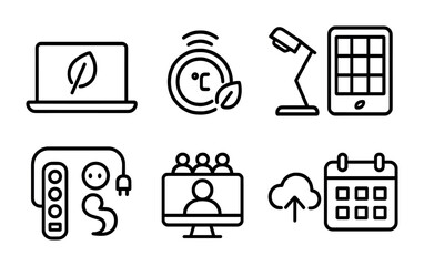 Green Office Icons. Outline icon set of green office technology: laptop with energy saver, smart thermostat,
