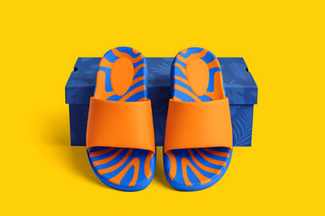 Colorful orange and blue slide sandals paired with matching box for summer fashion or casual footwear display