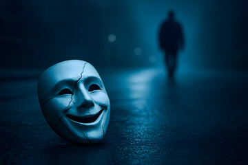 Broken Smiling Mask on Dark Street with Silhouette