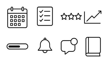 Reading Challenge Icons. Outline icon set of reading challenge progress tracking: calendar, checklist, star