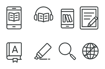 Digital Reading Set. Outline icon set of digital reading apps: e-book icon, audiobook icon, library app,