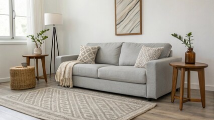 Minimalist Living Room with Grey Sofa, Neutral Tones, and Natural Accents