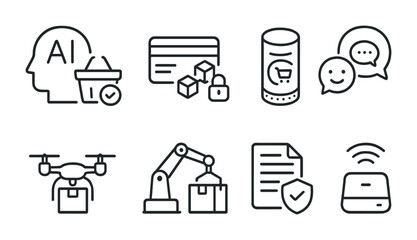 Futuristic E-commerce Icons. Outline icon set of emerging e-commerce tech: AI recommendation, blockchain
