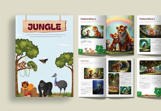 Jungle Animal Adventure Story Magazine Layout with Illustrations