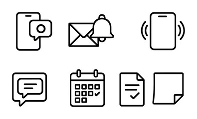 Reminder Alerts Icons. Outline icon set of reminders and alerts: push notification, email alert, sound alarm,