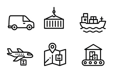 Shipping Logistics Icons. Outline icon set of shipping logistics: delivery van, shipping container, warehouse